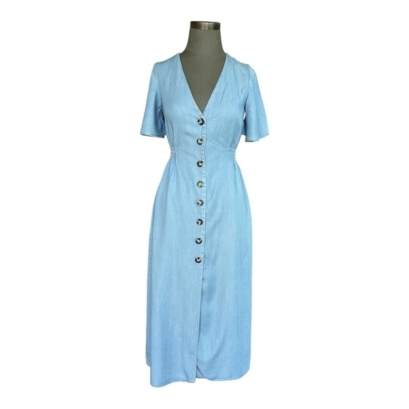 Women Dress ZARA Denim Blue Button Down Comfortable Fit Chambray Midi Robe Dress - Picture 5 of 10